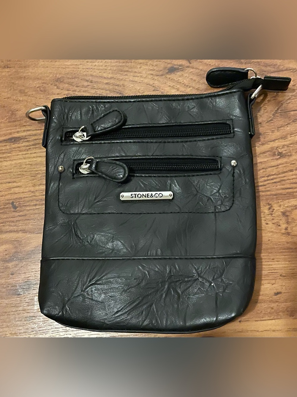 STONE & CO Small Black Faux Leather Crossbody Bag Purse with lots of pockets